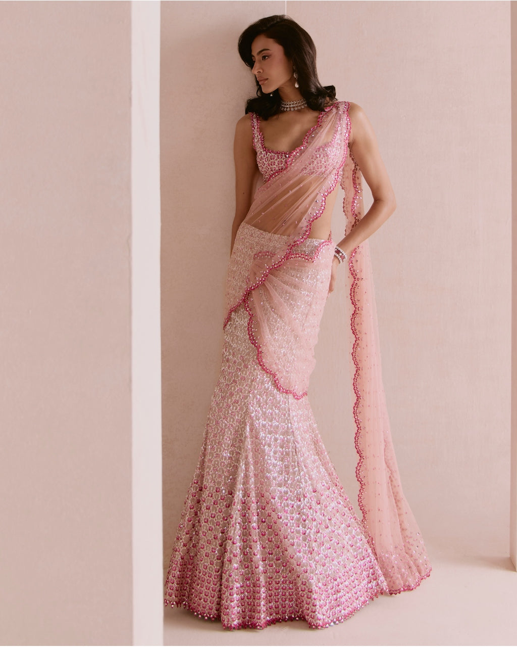Pink Fishcut Drape Sari Set