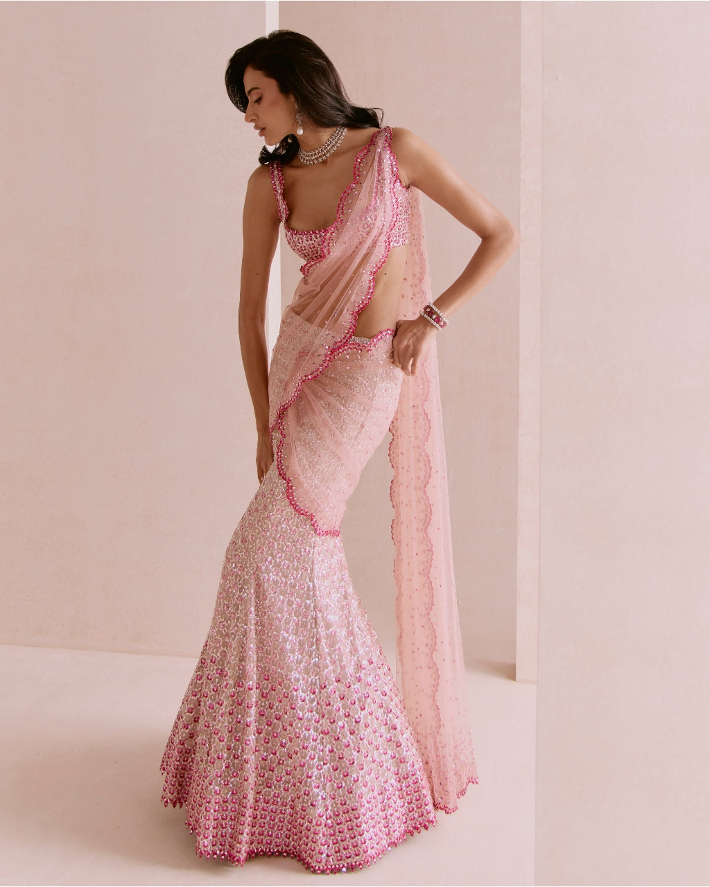 Pink Fishcut Drape Sari Set