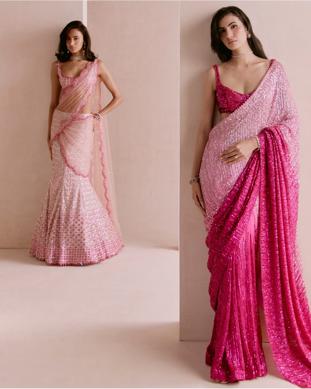 Light To Hot Pink Ombre Sequin Sari Set