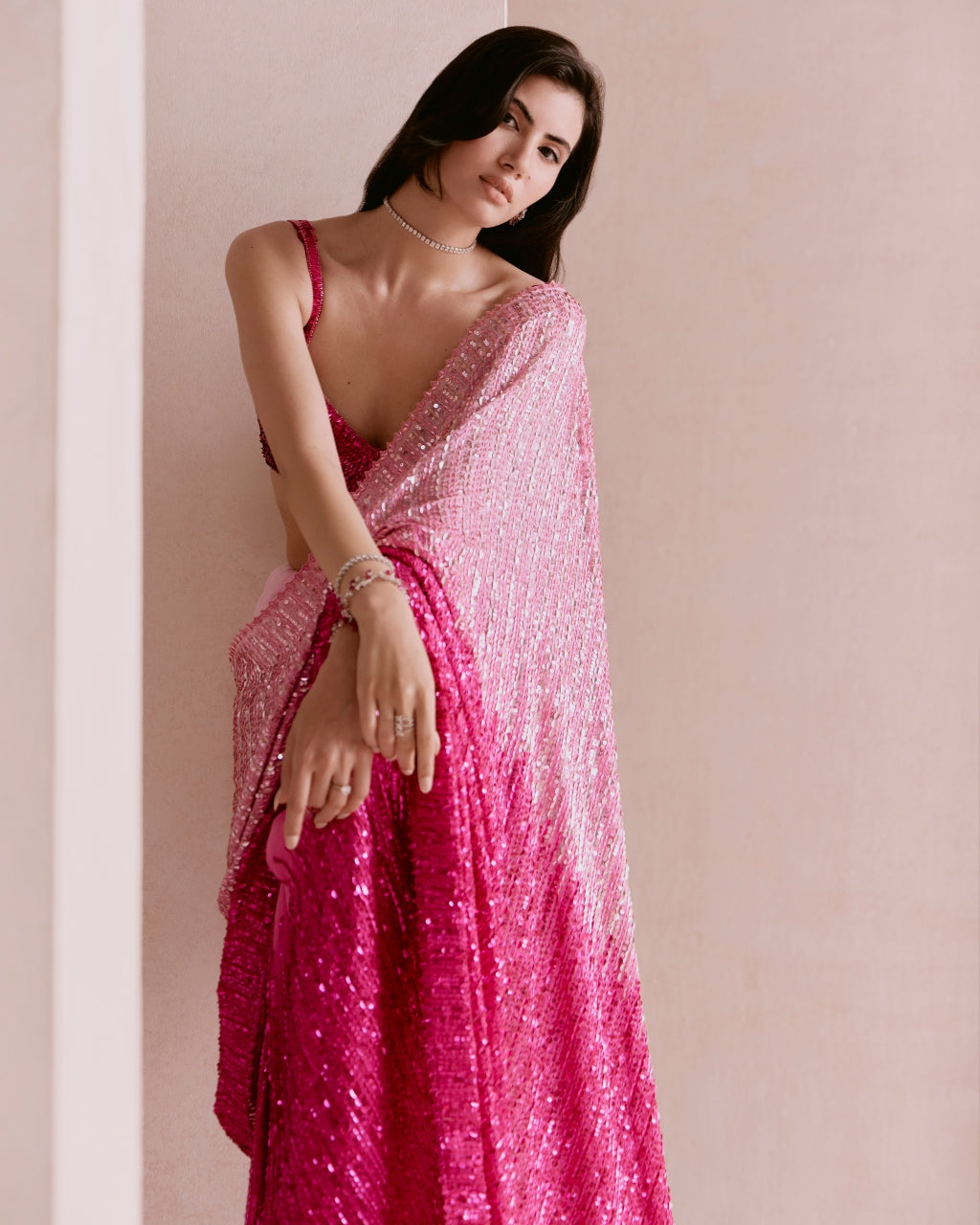 Light To Hot Pink Ombre Sequin Sari Set