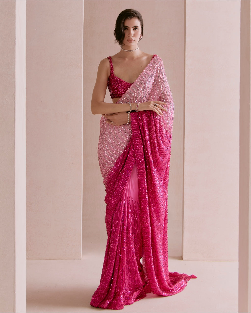 Light To Hot Pink Ombre Sequin Sari Set
