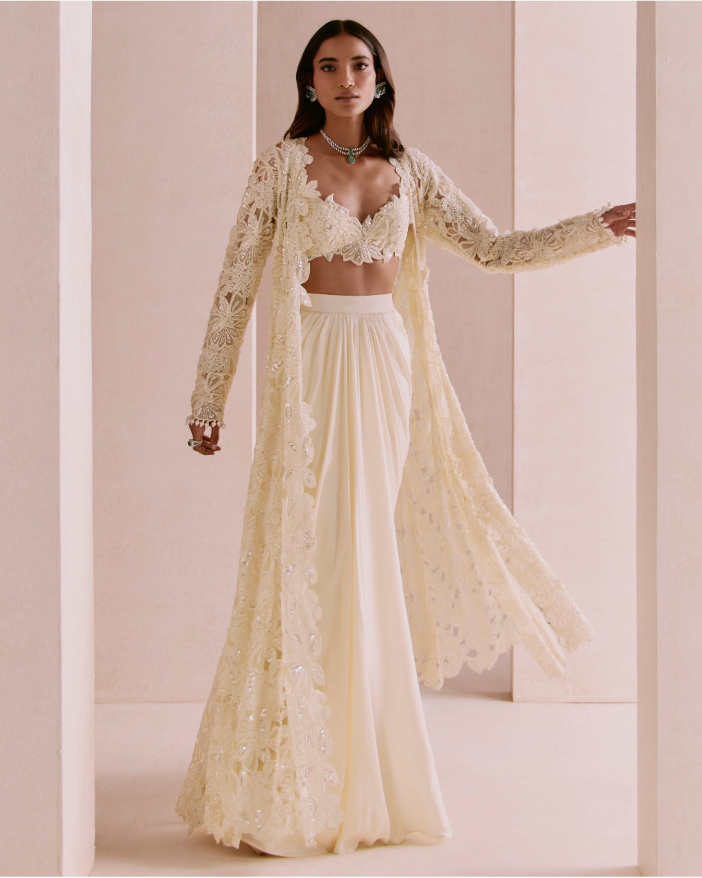 Ivory Floral Cutwork Cape Set