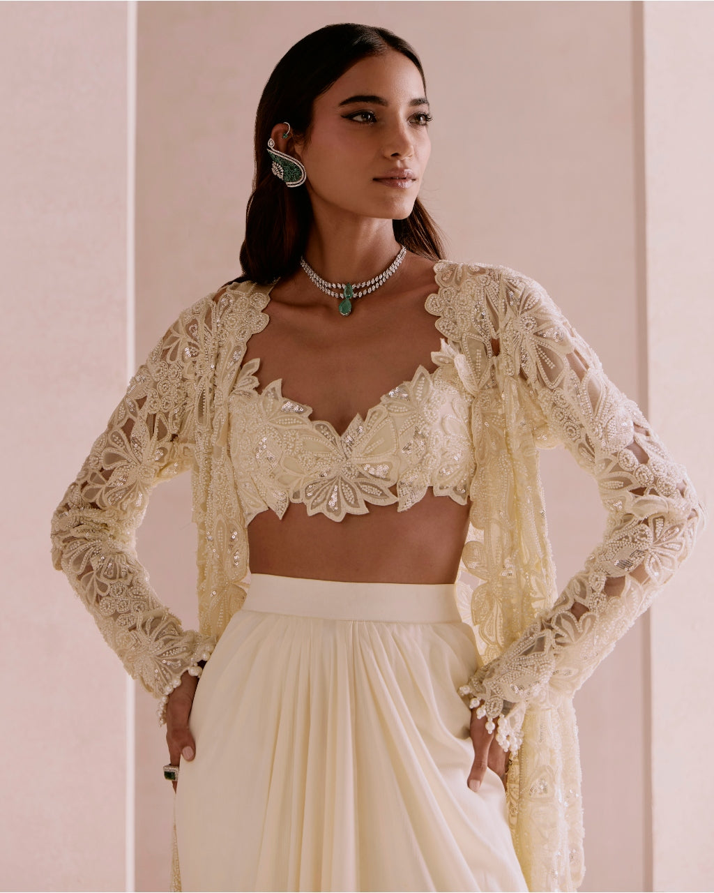 Ivory Floral Cutwork Cape Set