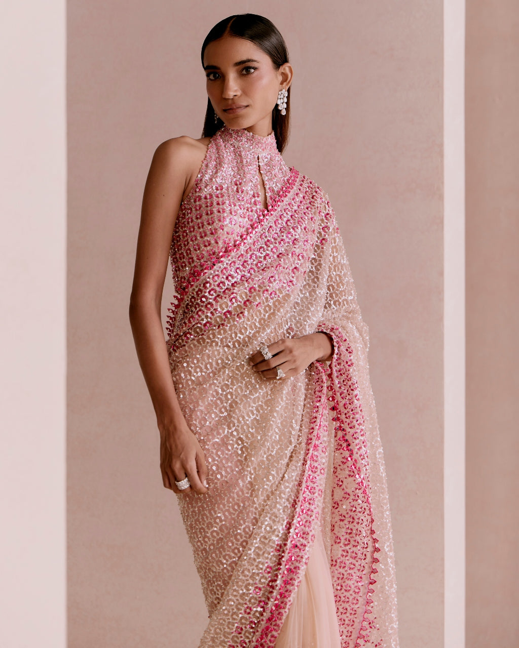 Nude And Pink Sequin Sari Set