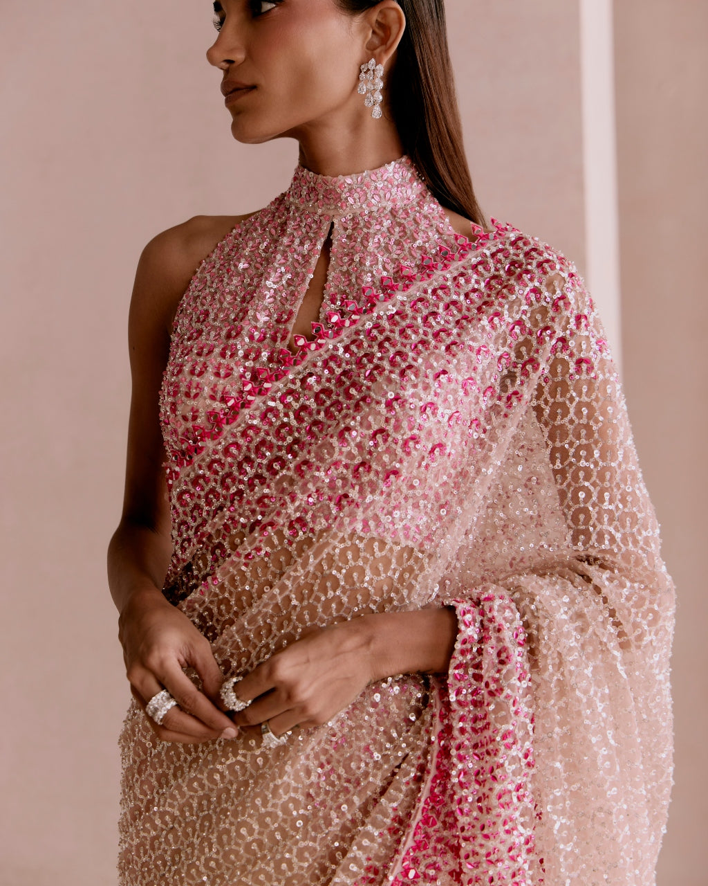 Nude And Pink Sequin Sari Set