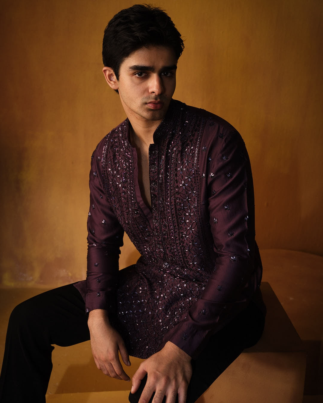 Wine Chanderi Cutdana Kurta