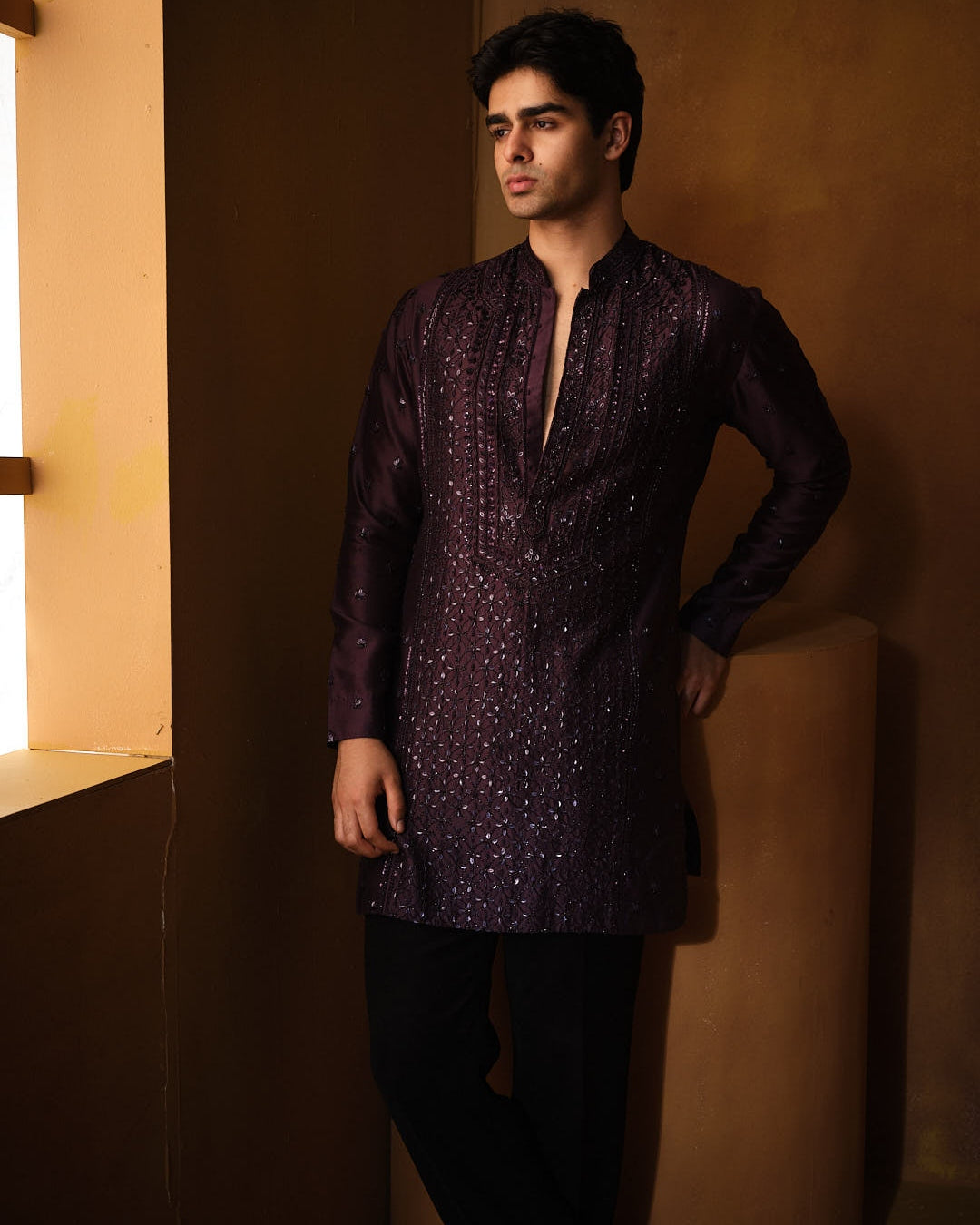 Wine Chanderi Cutdana Kurta