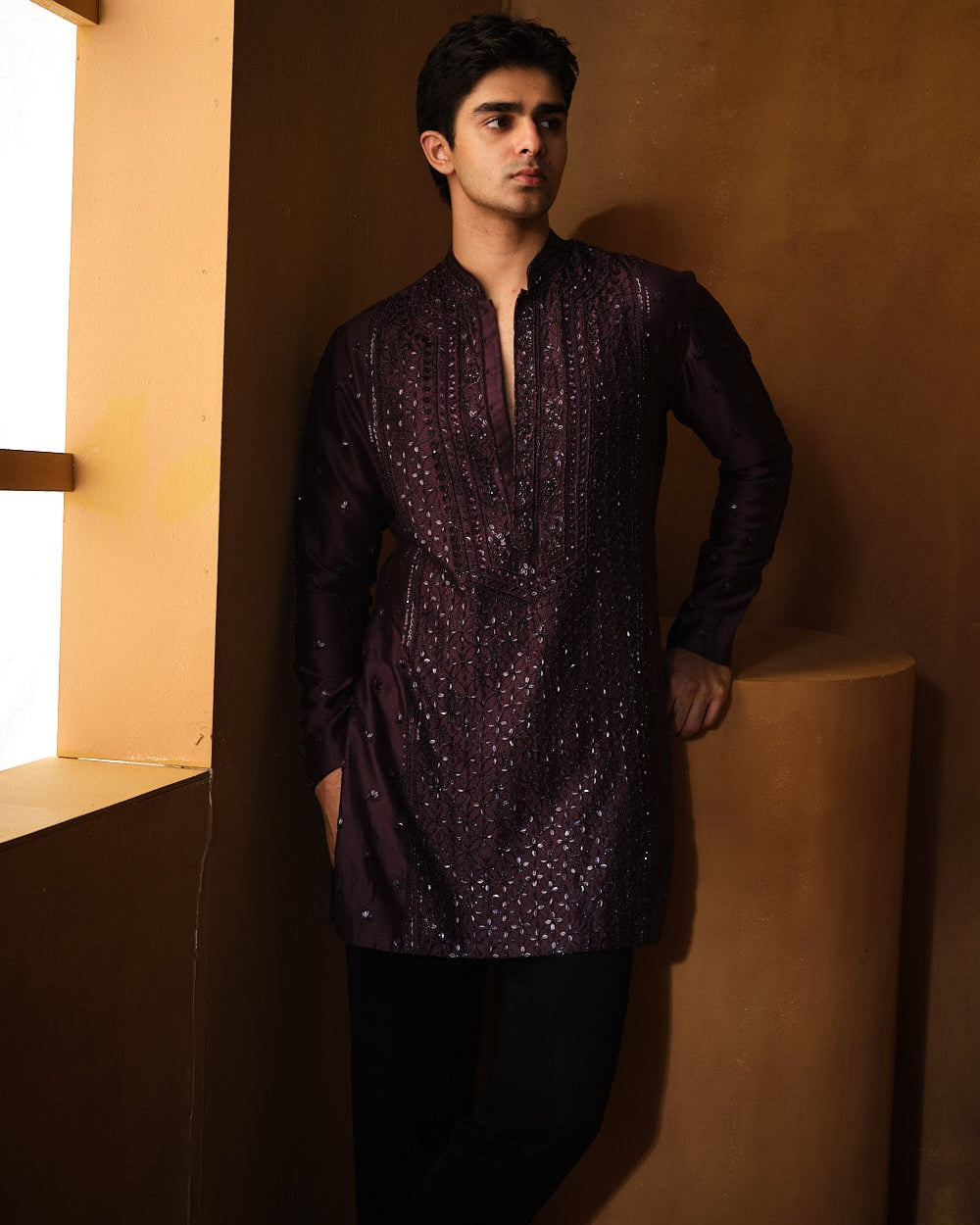 Wine Chanderi Cutdana Kurta