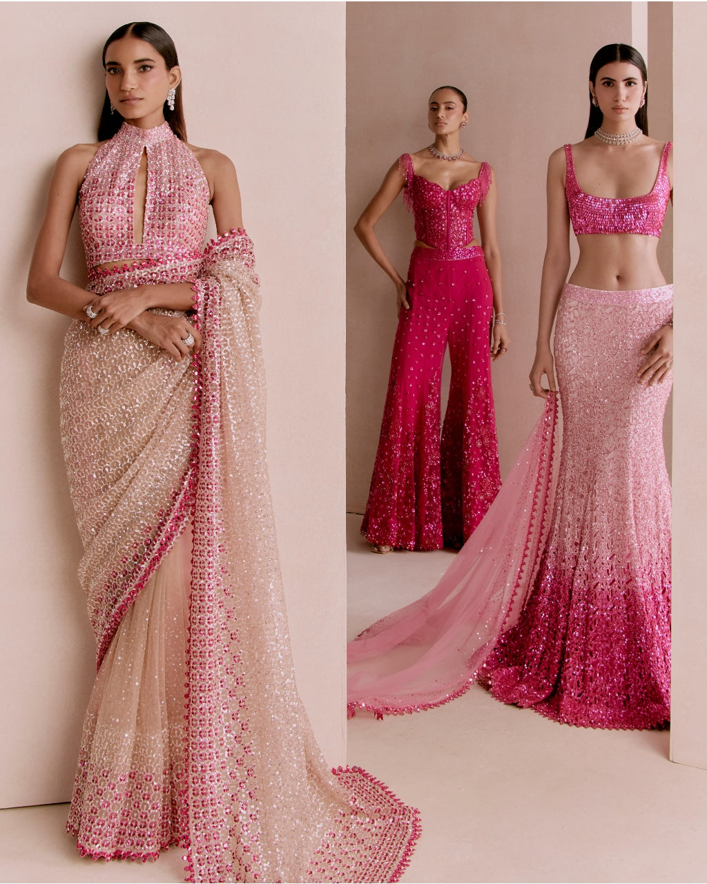 Nude And Pink Sequin Sari Set