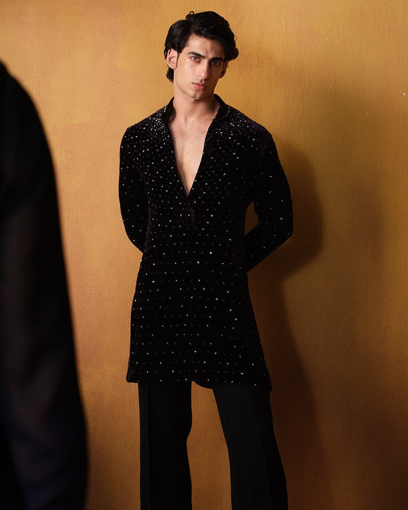 Wine Velvet Cutdana Kurta