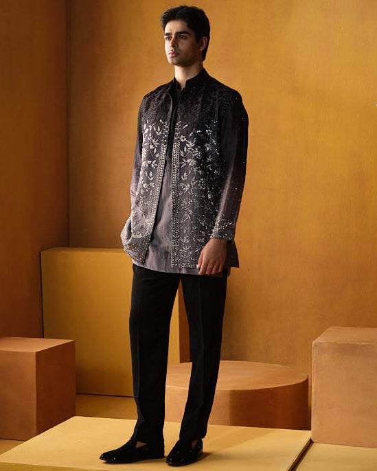 Black To Grey Cutdana Detailed Nehru