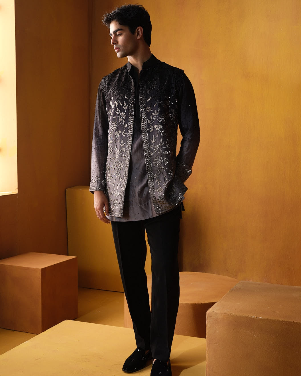 Black To Grey Cutdana Detailed Nehru