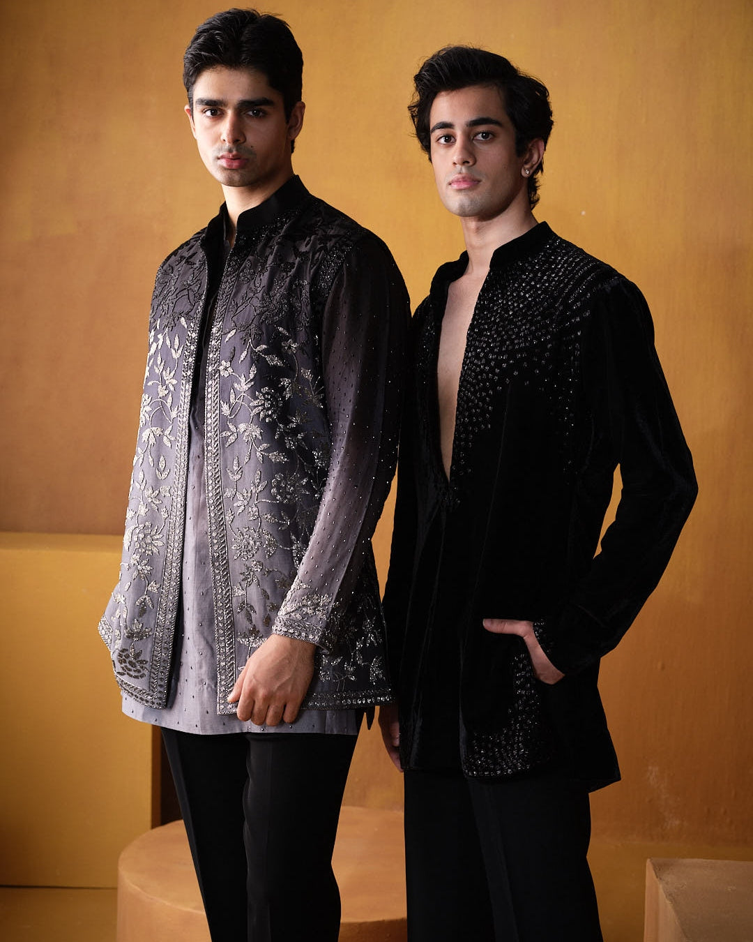 Black To Grey Cutdana Detailed Nehru