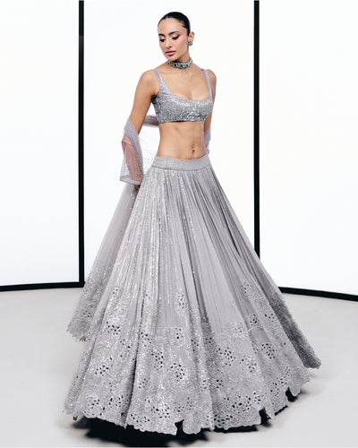 Gray Floral Cutwork Lehnga Set