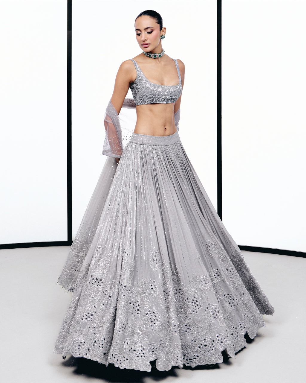 Gray Floral Cutwork Lehnga Set