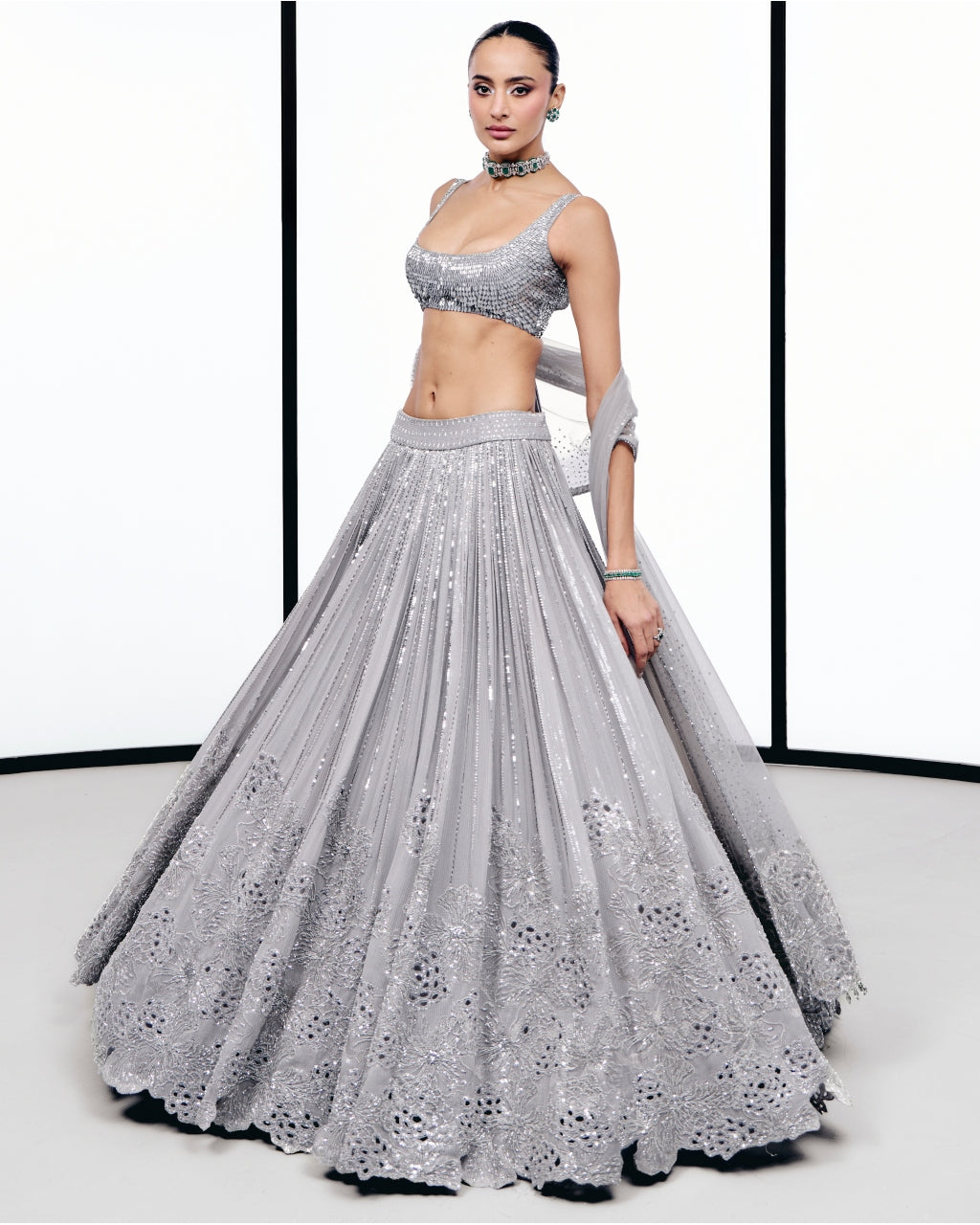 Gray Floral Cutwork Lehnga Set