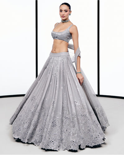 Gray Floral Cutwork Lehnga Set