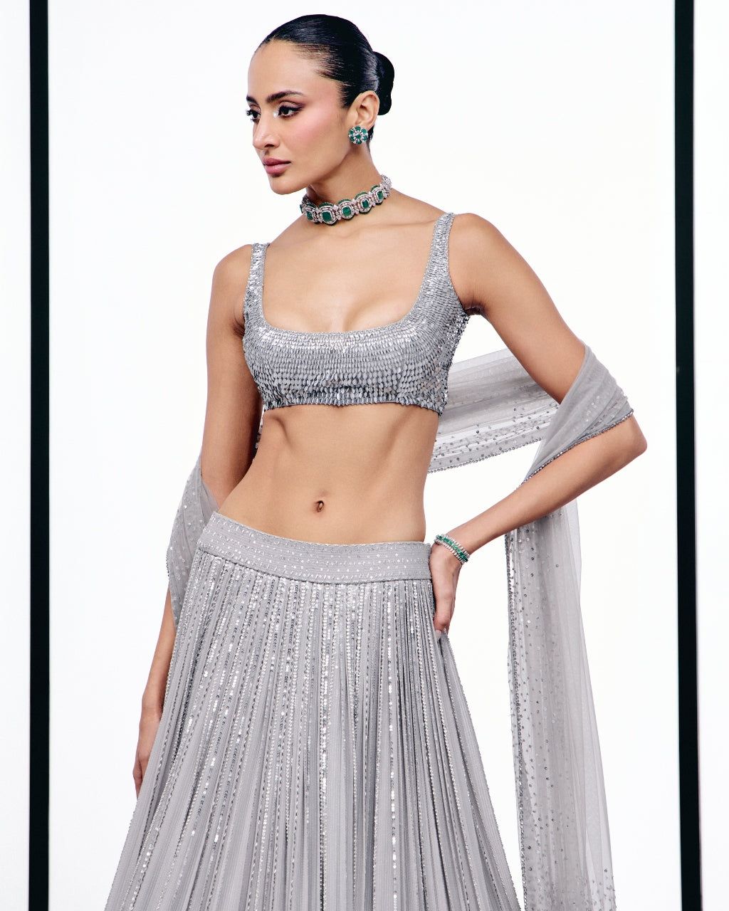 Gray Floral Cutwork Lehnga Set