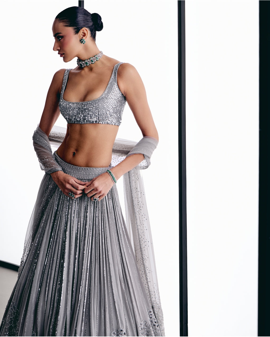 Gray Floral Cutwork Lehnga Set