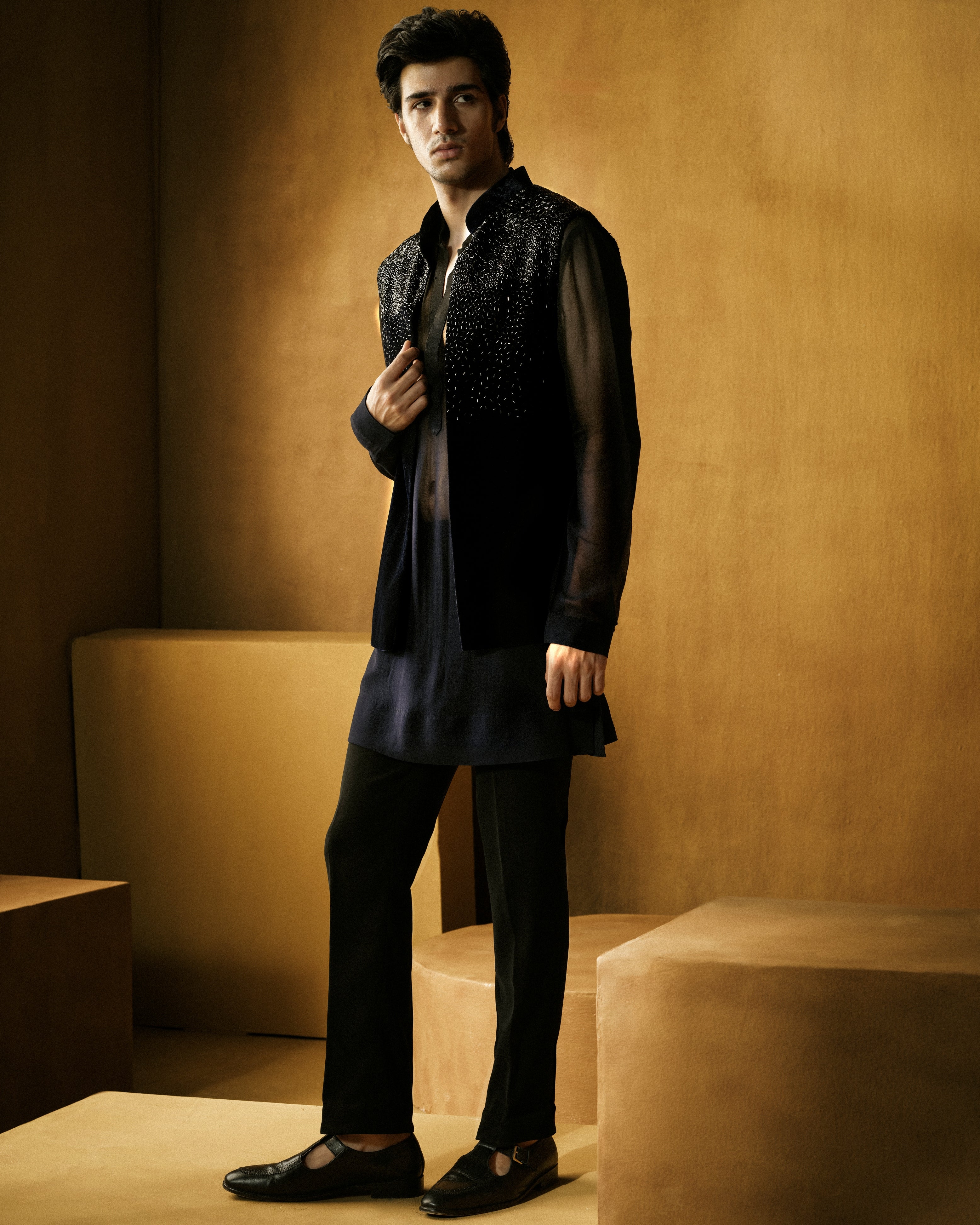 Black Velvet Cutdana Nehru Set