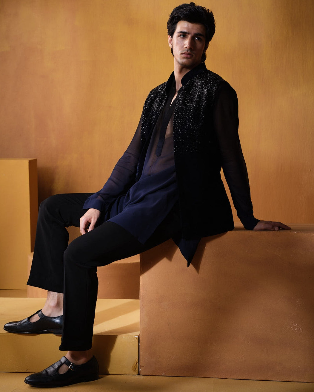 Navy Blue Velvet Nehru