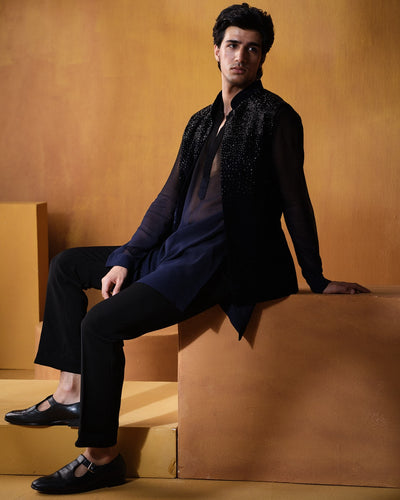 Navy Blue Velvet Nehru