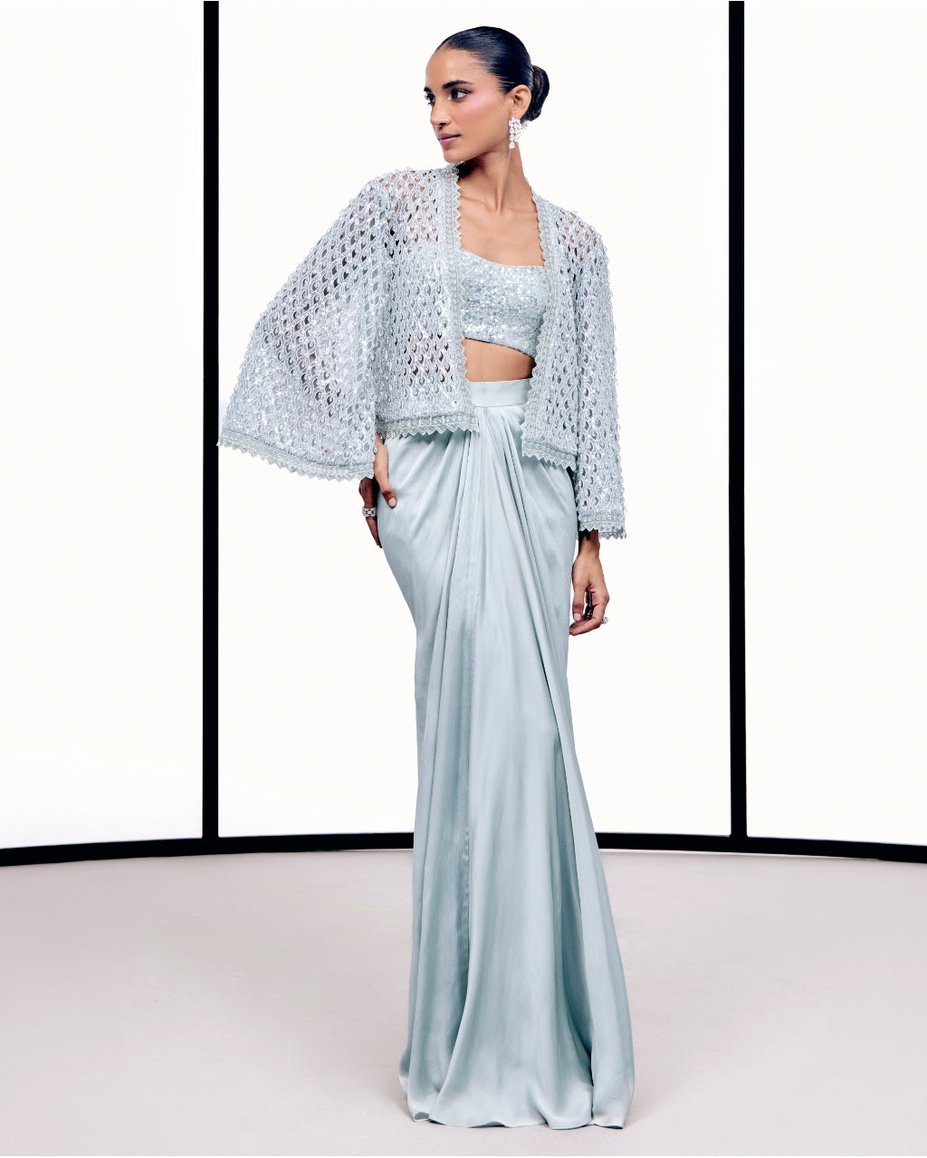 Ice Blue Cutwork Tassel Cape Set