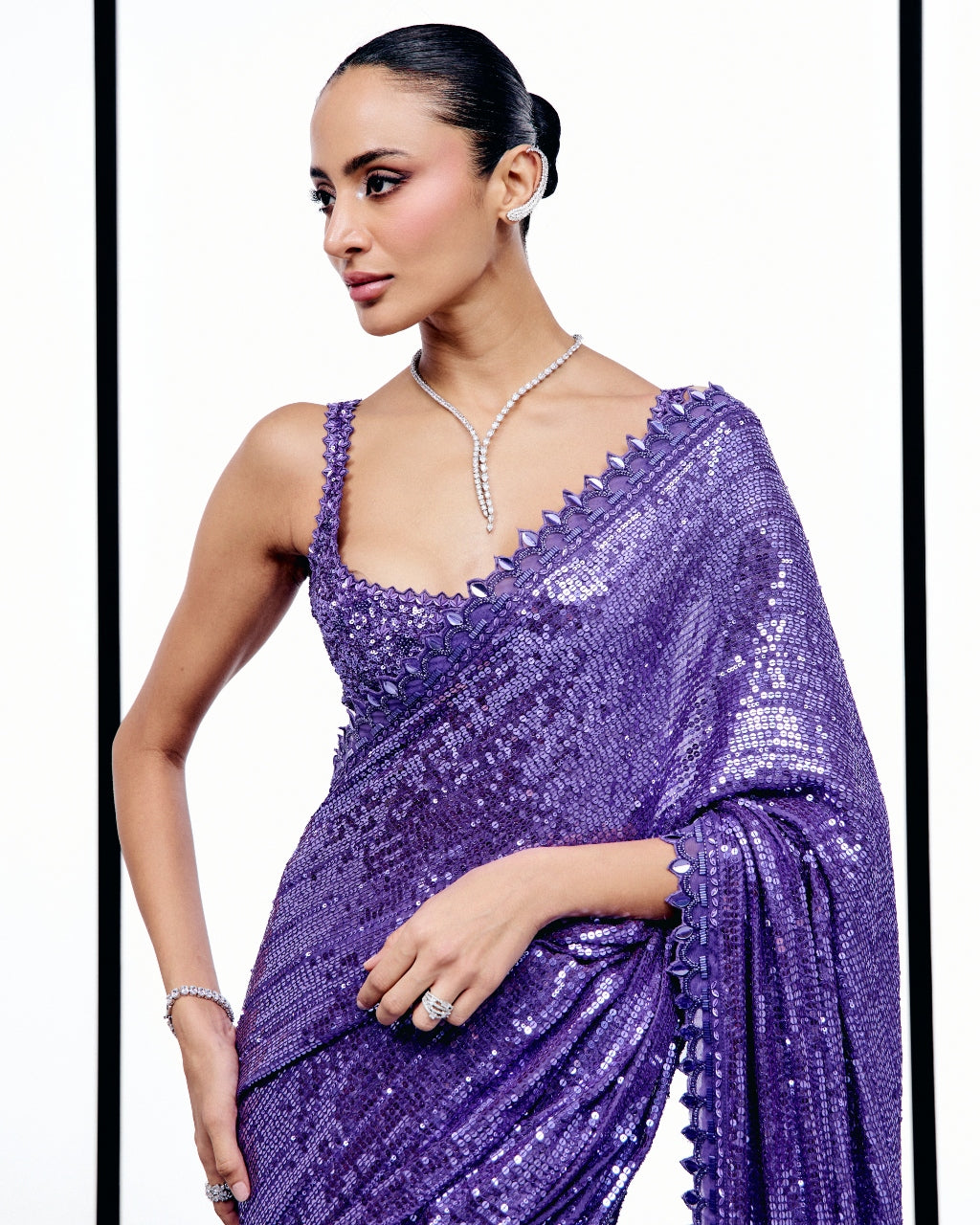 Purple Sequins Sari Set