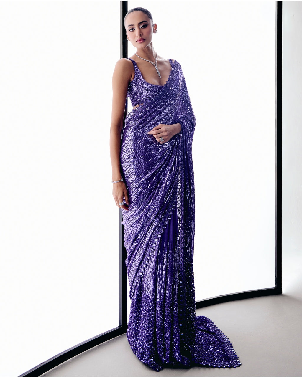 Purple Sequins Sari Set