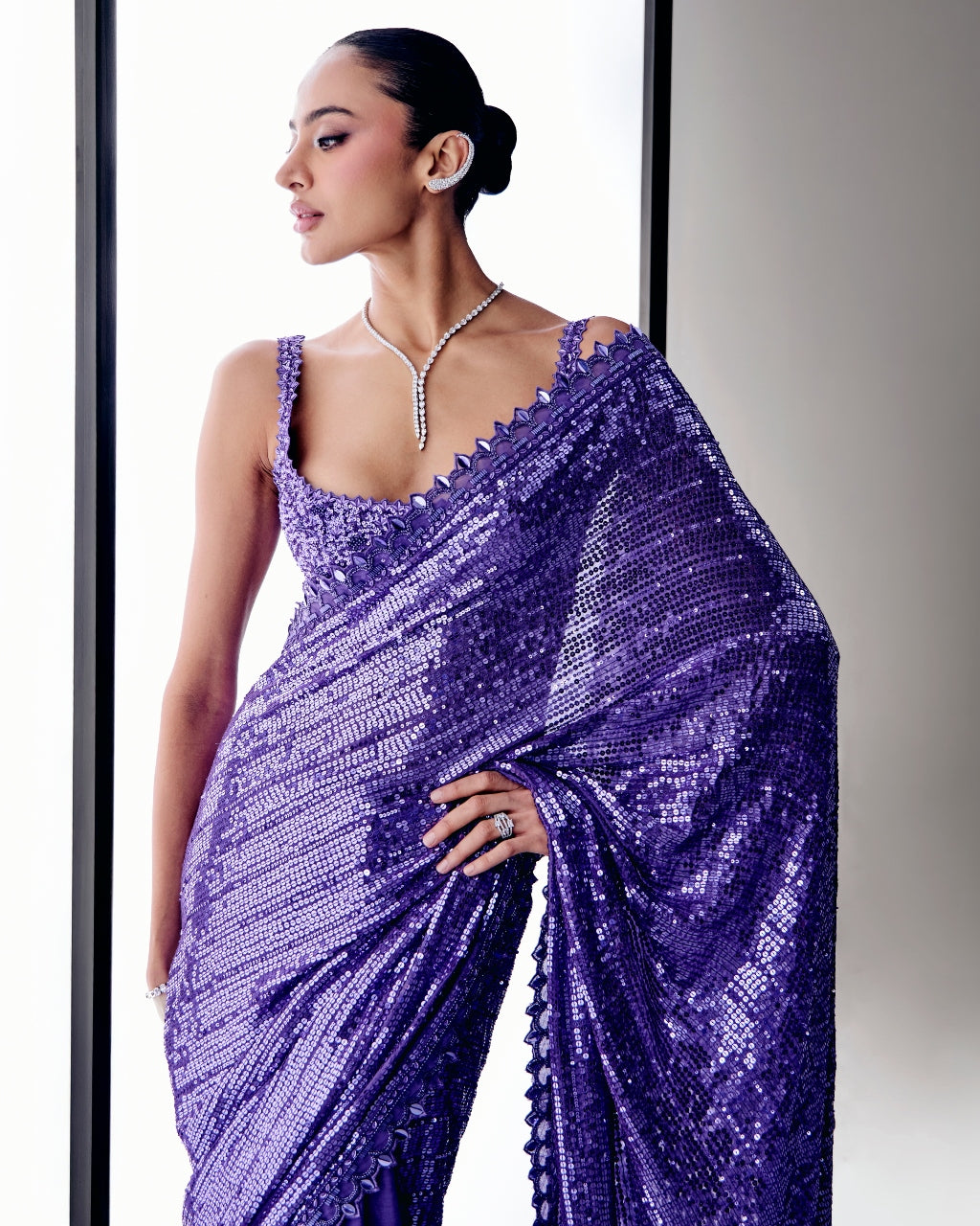 Purple Sequins Sari Set