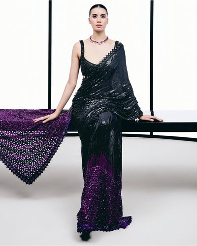 Black To Pruple Sequins Cutwork Sari Set