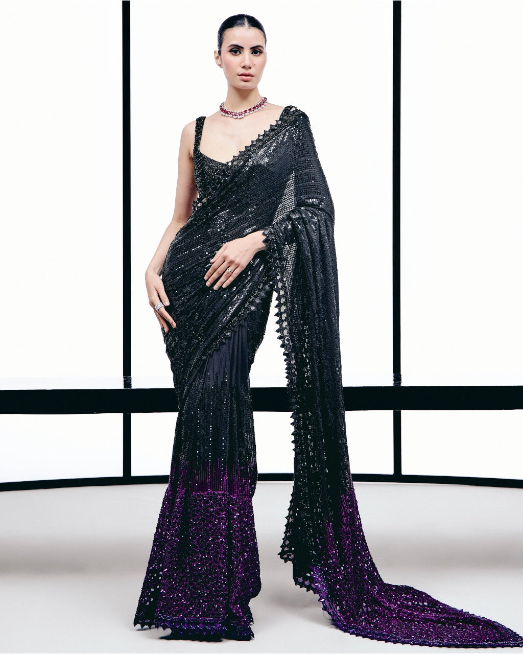 Black To Pruple Sequins Cutwork Sari Set