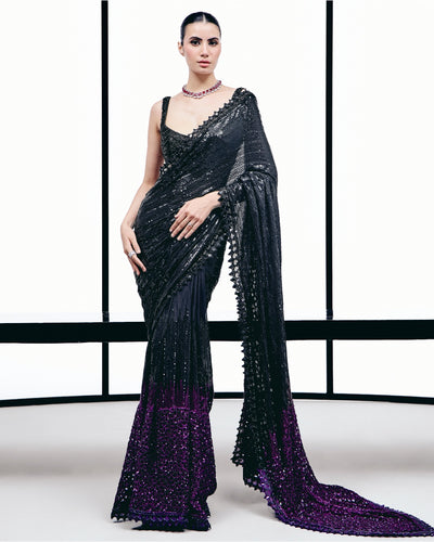 Black To Pruple Sequins Cutwork Sari Set