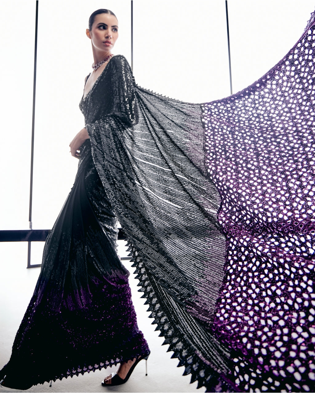 Black To Pruple Sequins Cutwork Sari Set