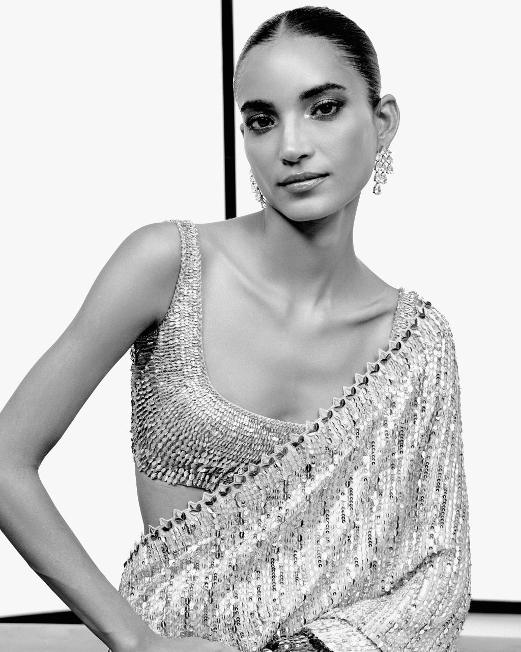 Silver To Gray Sequins Sari Set