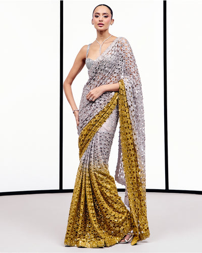 Silver To Ochre Cutwork Sari Set