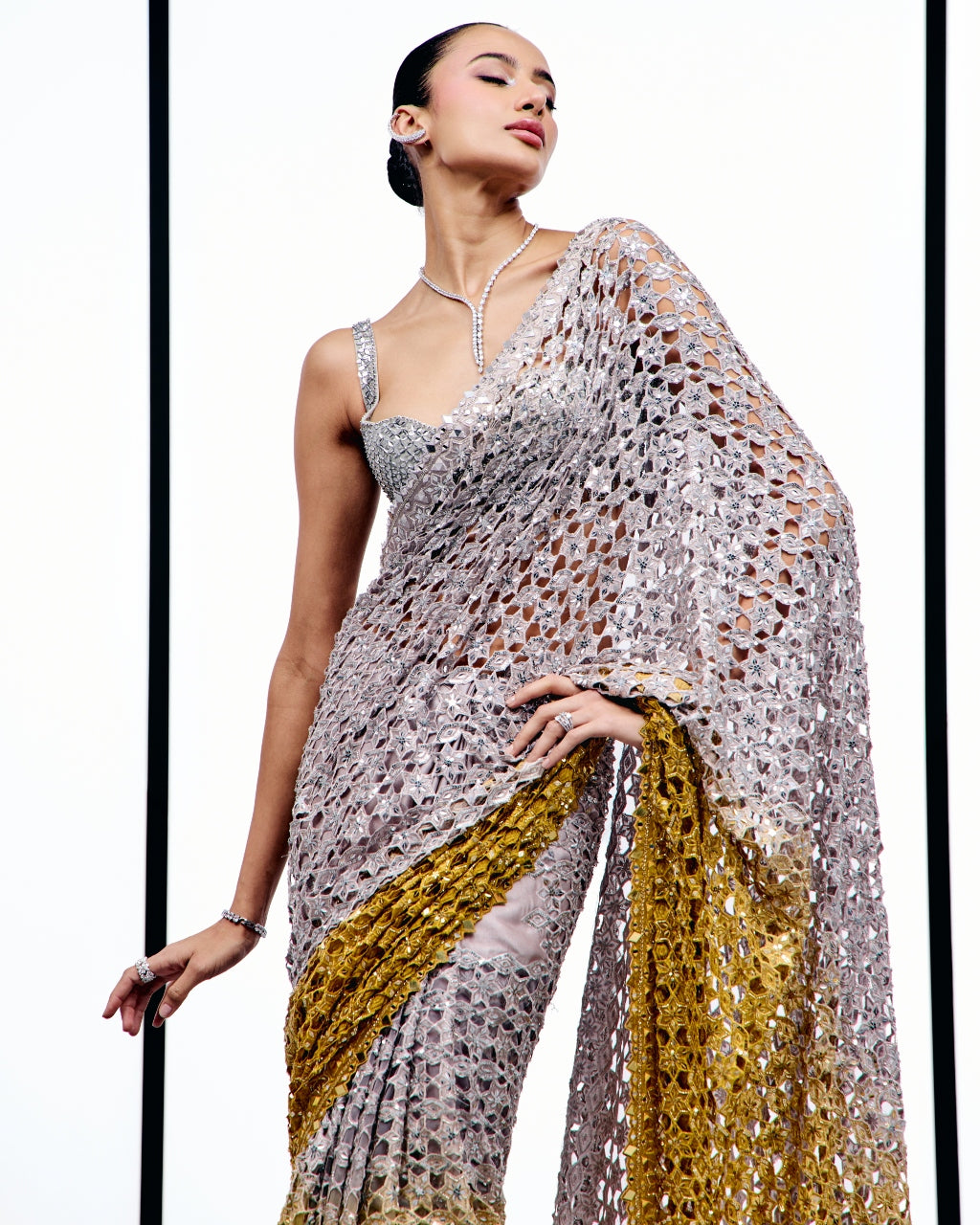 Silver To Ochre Cutwork Sari Set