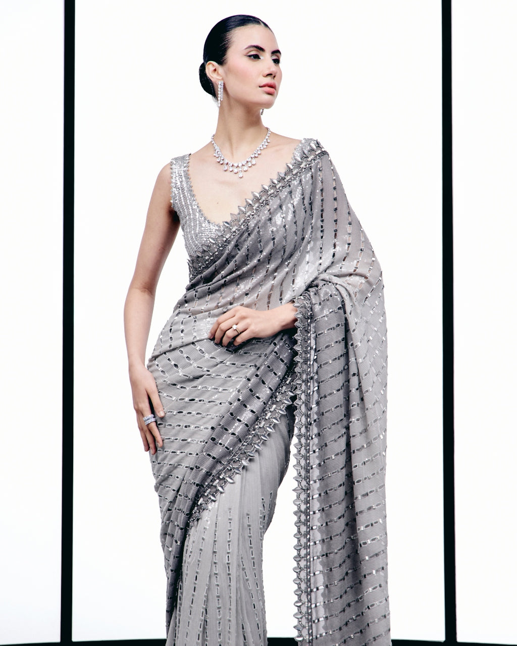Gray Ombre Cutwork Sari Set