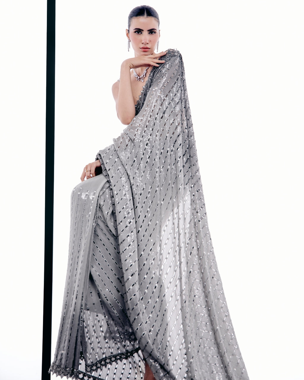 Gray Ombre Cutwork Sari Set