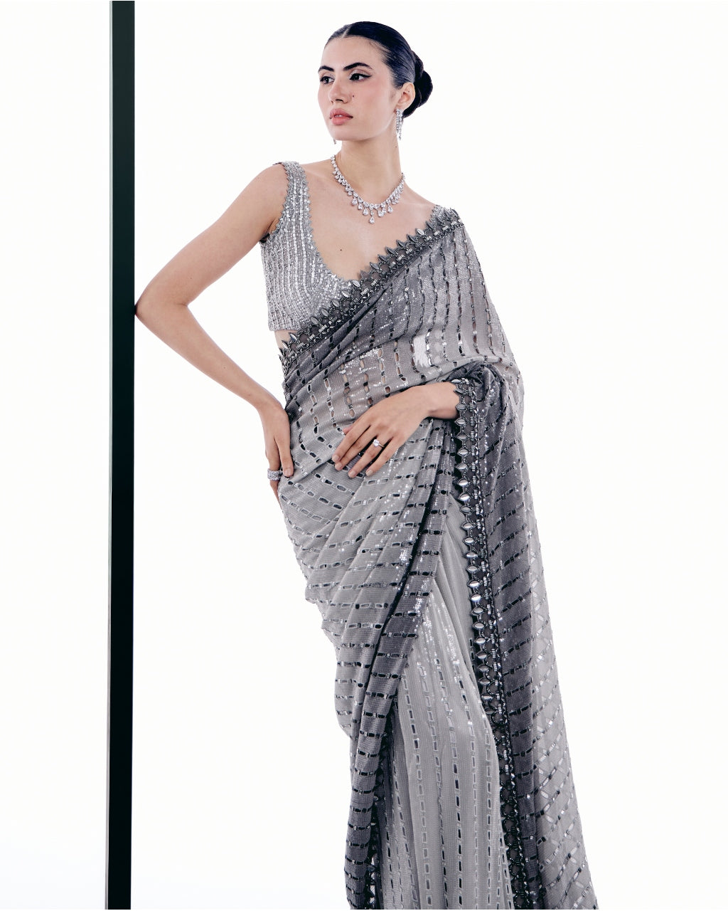 Gray Ombre Cutwork Sari Set