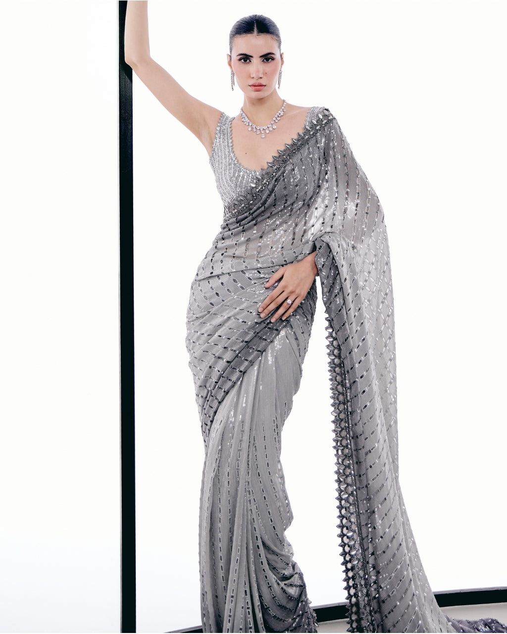 Gray Ombre Cutwork Sari Set