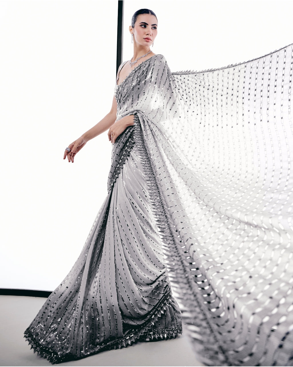 Gray Ombre Cutwork Sari Set