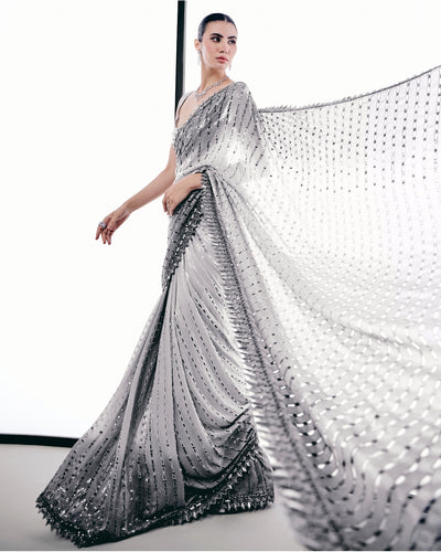 Gray Ombre Cutwork Sari Set