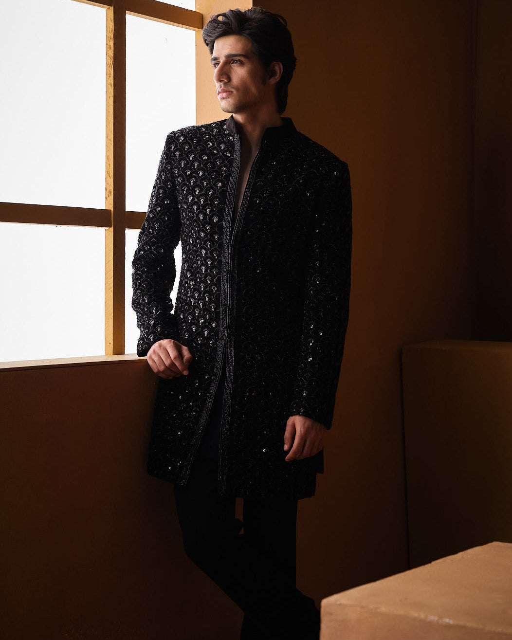 Black Velvet Fishscale Sherwani