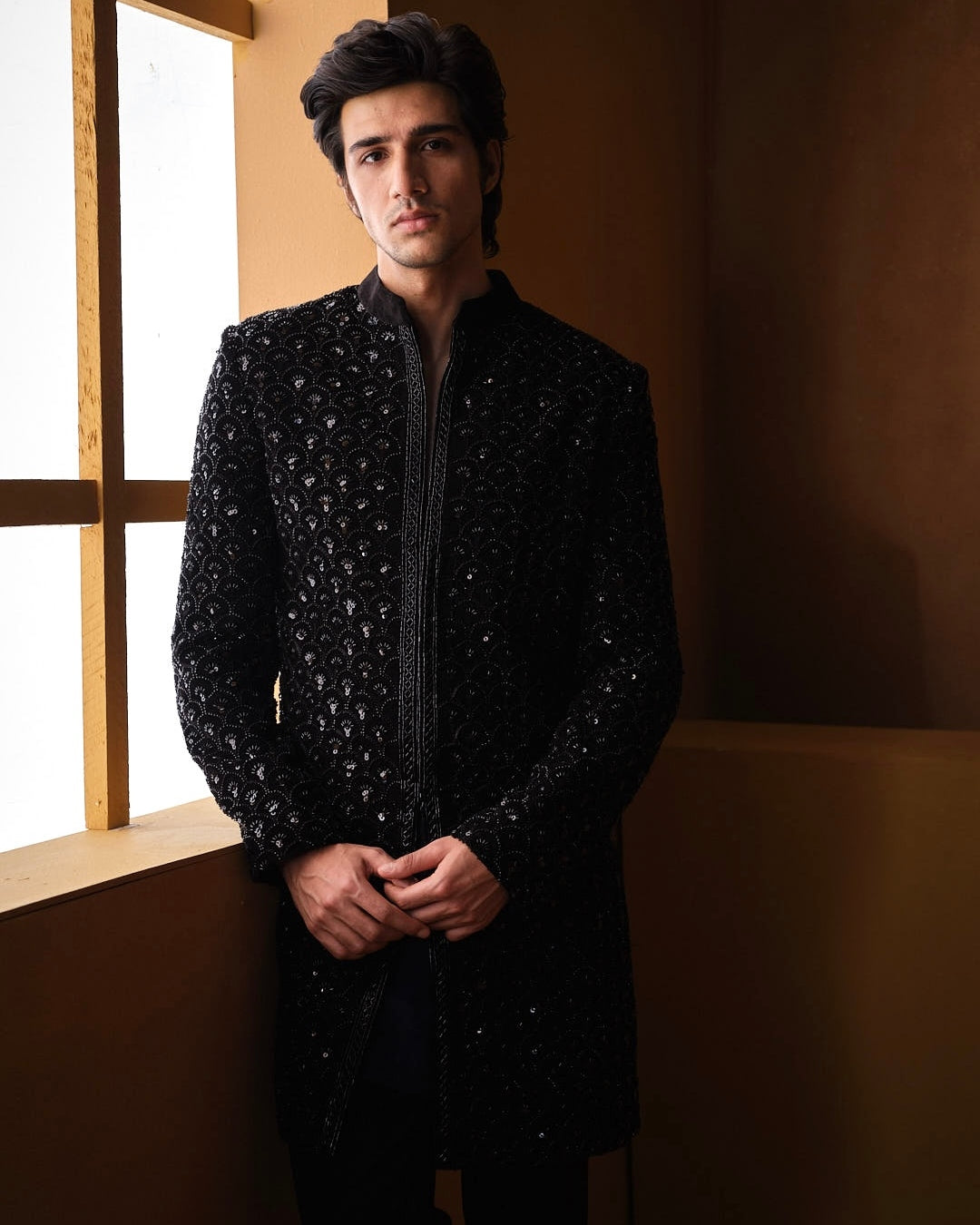Black Velvet Fishscale Sherwani