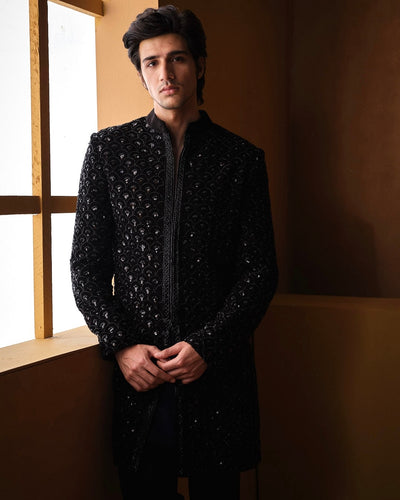 Black Velvet Fishscale Sherwani