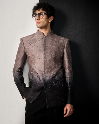 Taupe To Black Threadwork And Cutdana Bandhgala