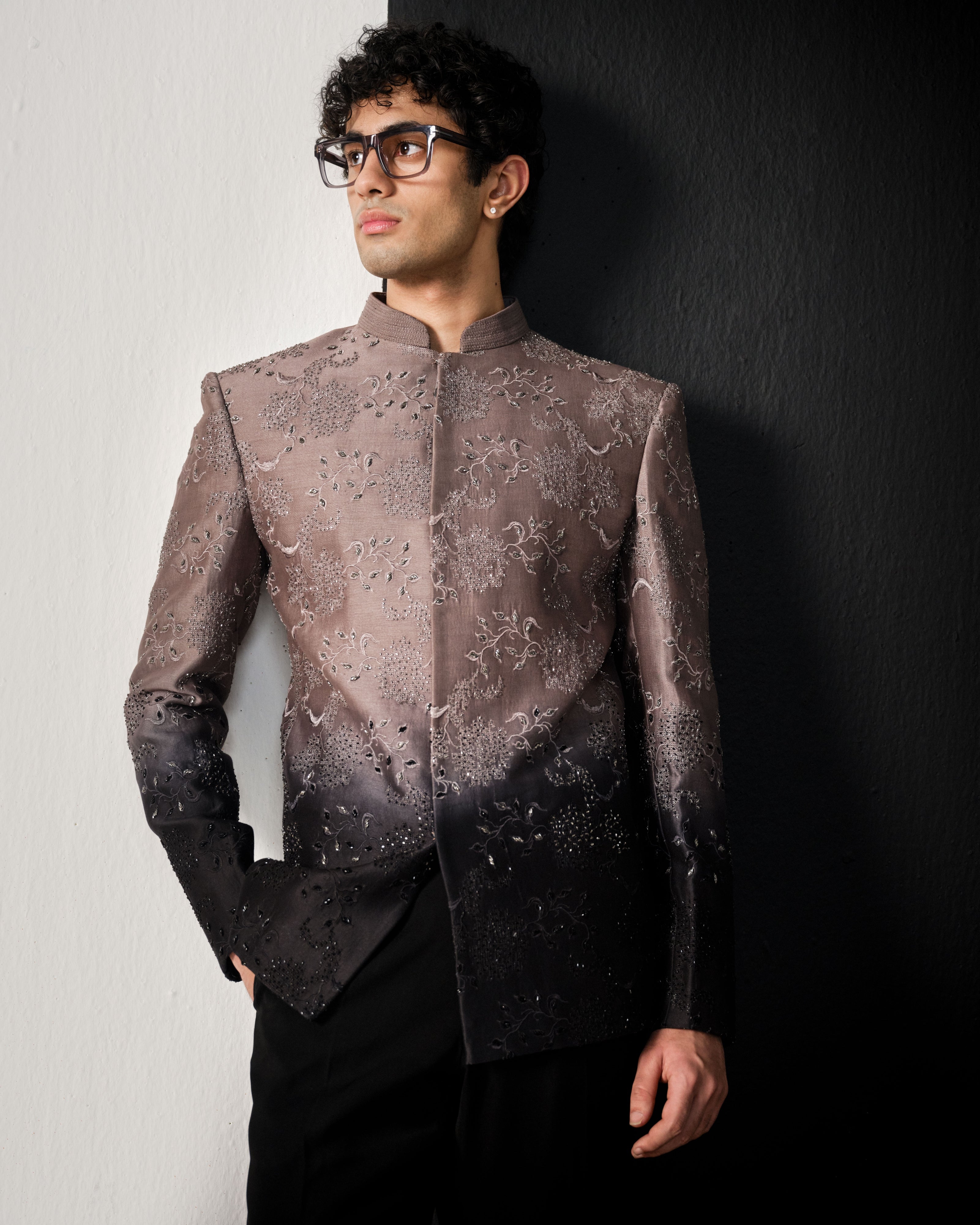 Taupe To Black Threadwork And Cutdana Bandhgala