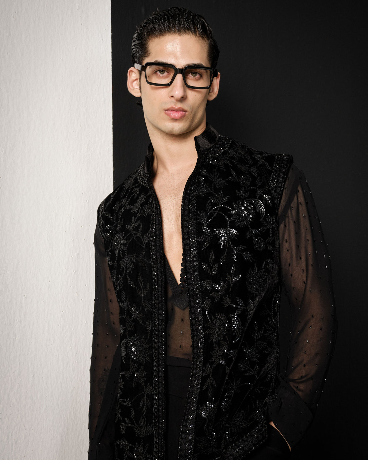 Black Velvet Floral Nehru Jacket Set