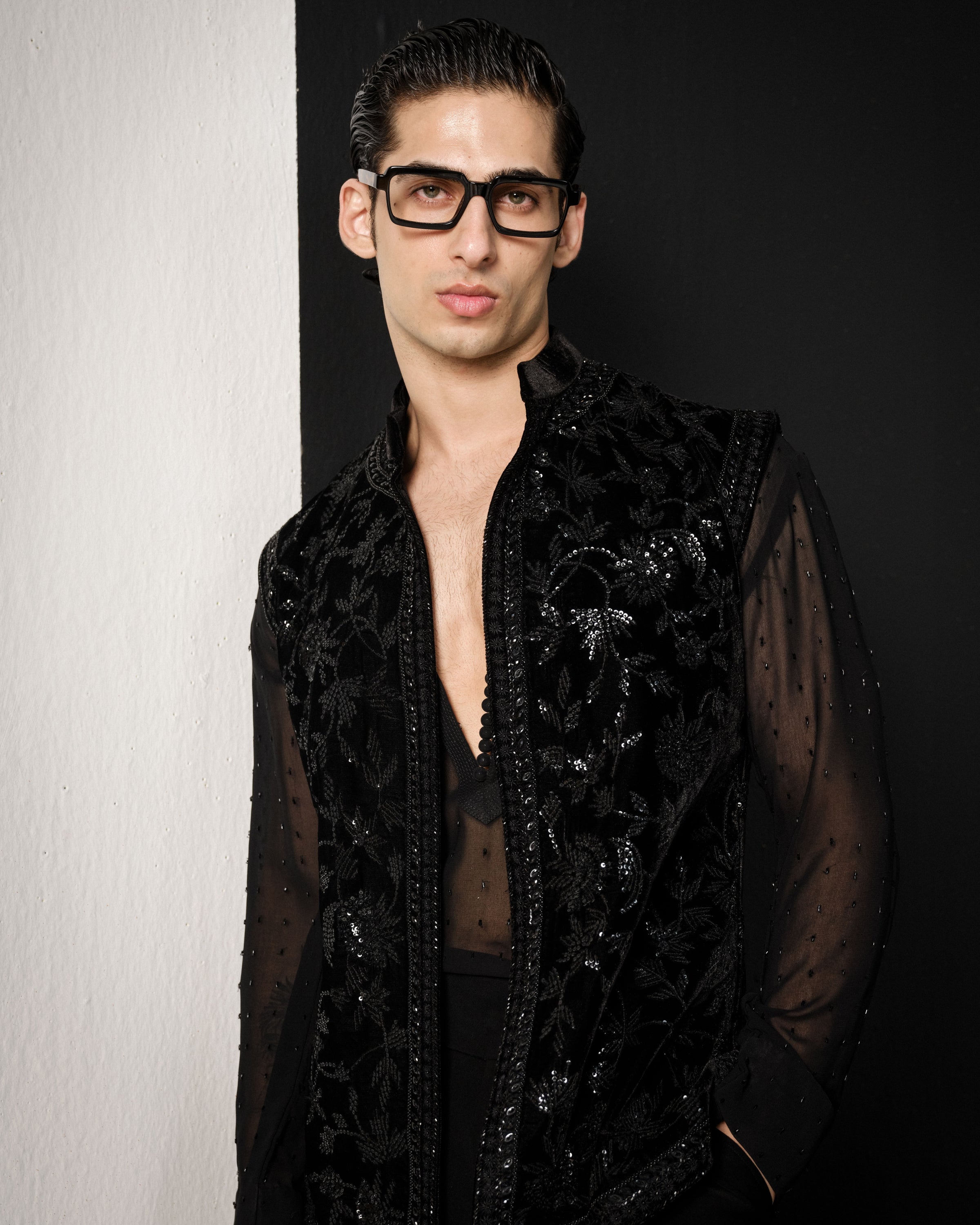 Black Velvet Floral Nehru Jacket Set